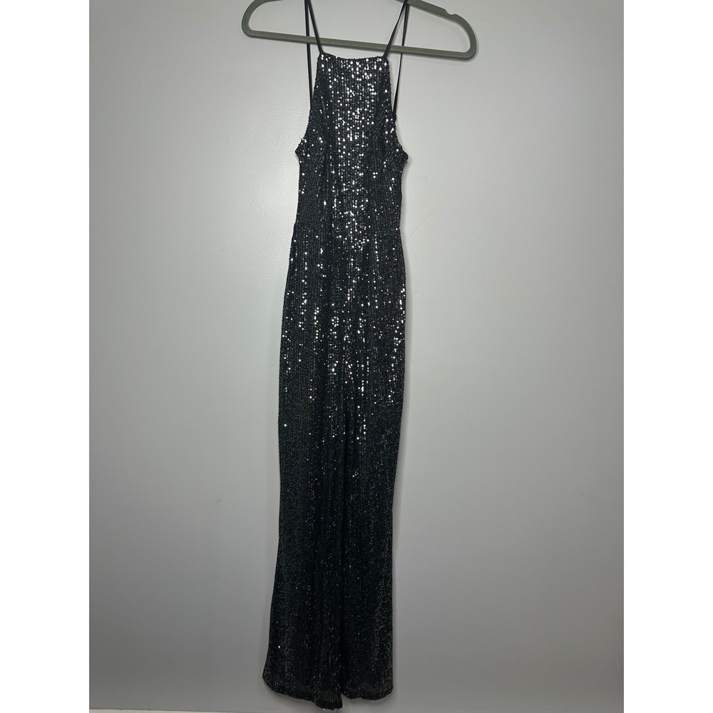 Crystal Sky Womens Black Sequin Jumpsuit Sleeveless Wide Leg Party Evening XS - Picture 5 of 16